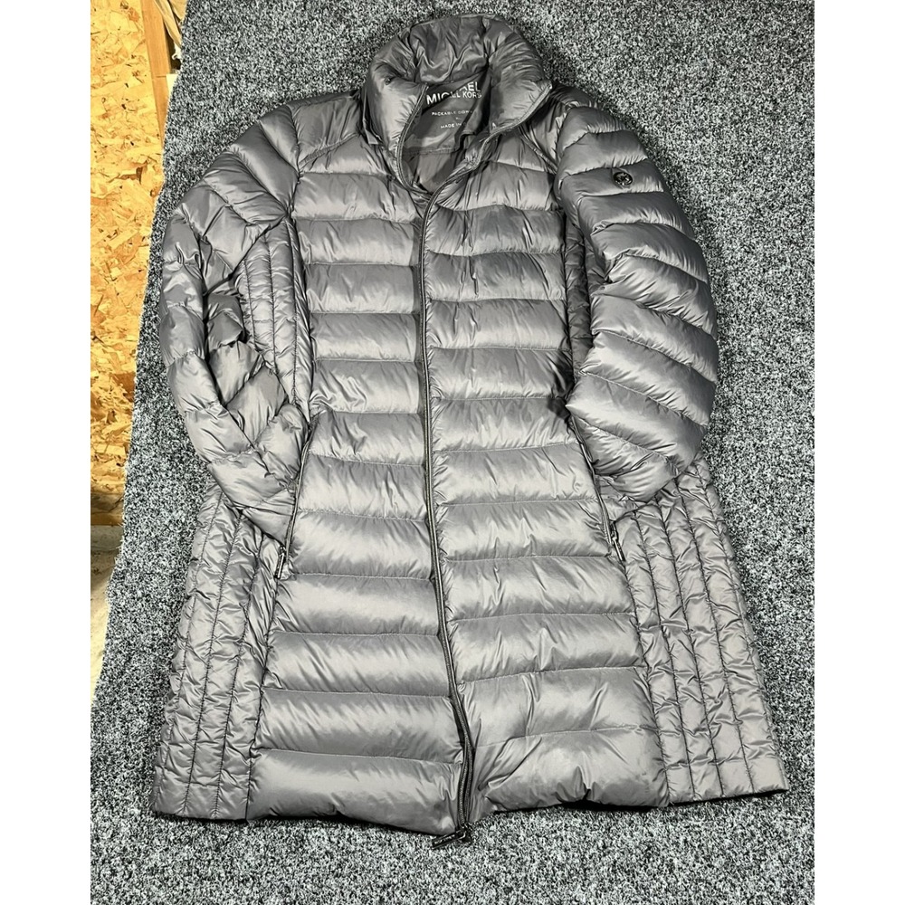 Michael Kors Long Packable Down Puffer Coat Womens XL Grey Hooded Winter Jacket